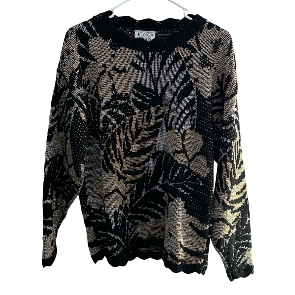 Vintage Black With Gold Silver Metallic Floral Design Sweater Scalloped Edges